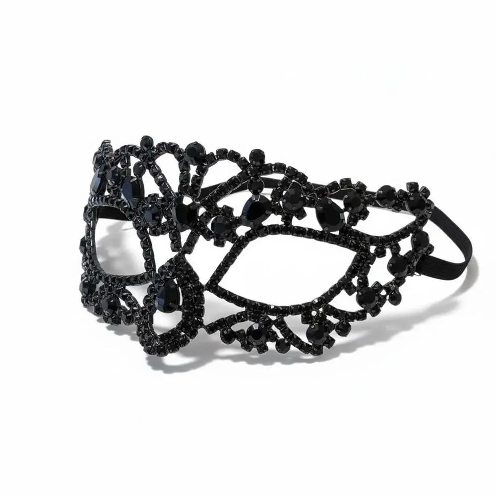 black rhinestone crystal masquerade eye mask Venetian filigree Mardi Gras Bling